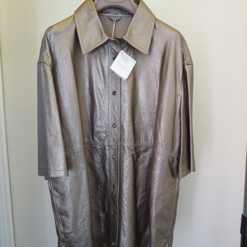 New Brunello Cucinelli Snap Front Metallic Gold Sheen Leather Shirt Jacket Sz M